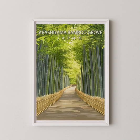 A modern digital illustration of a bamboo forest with a winding boardwalk, in the style of Japanese art.