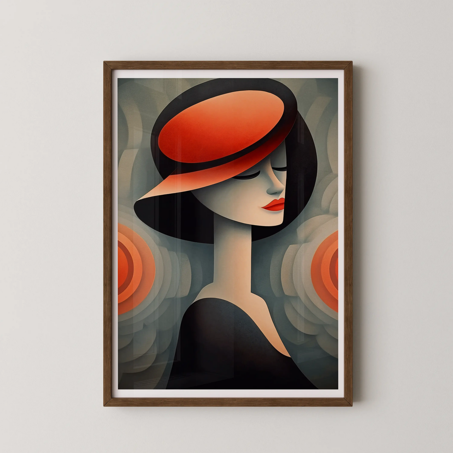 A modern art deco style wall art poster featuring a female portrait with a wide-brimmed hat and red lips.