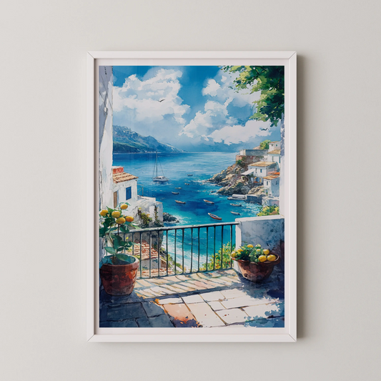 A watercolor-style painting of a serene coastal village with boats and a balcony overlooking the sea.