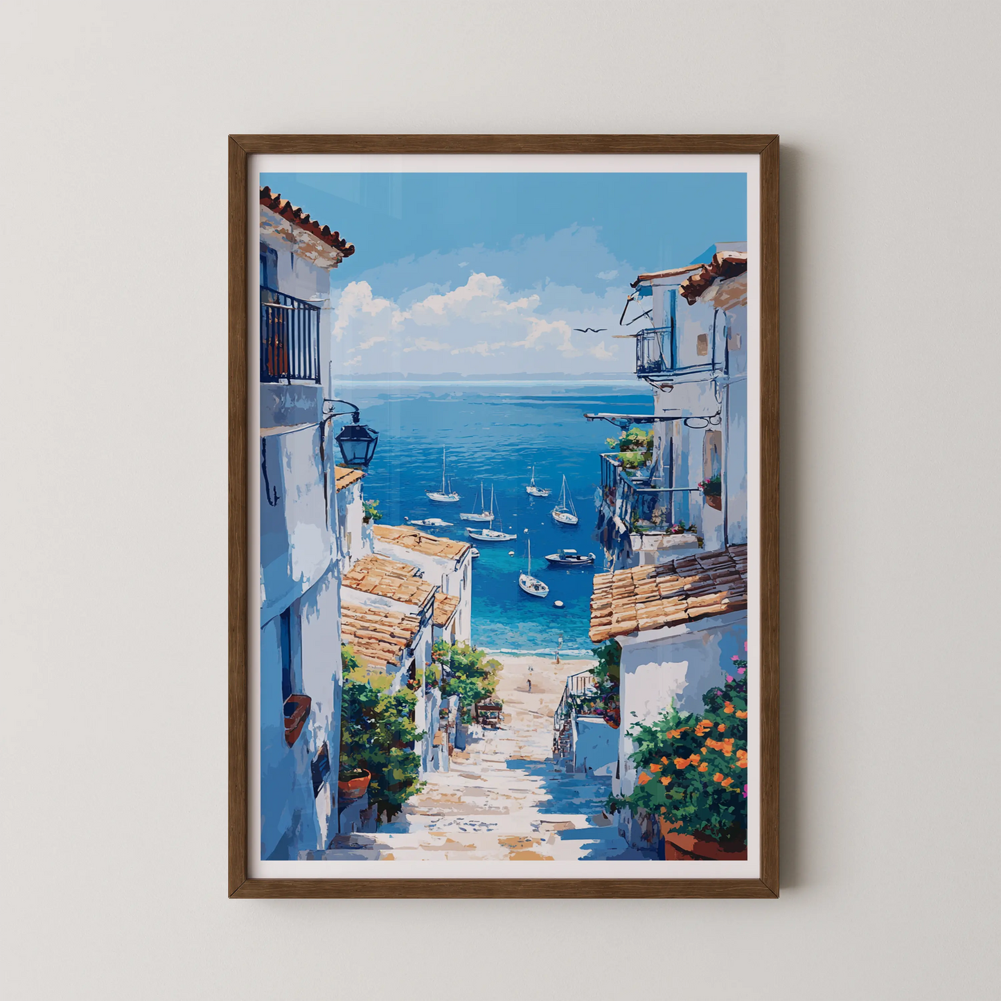 A modern art piece depicting the Mediterranean Coast with sun-kissed steps leading to the azure sea.