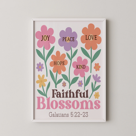 A modern art print featuring floral motifs with positive words like JOY, LOVE, PEACE, HOPE, and KIND.