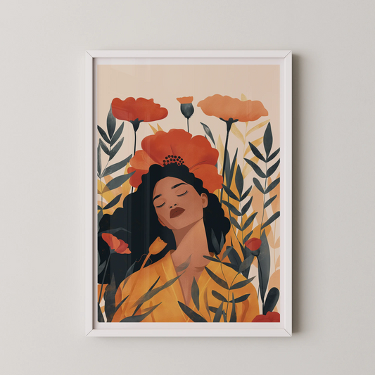 A modern minimalist illustration of a serene figure surrounded by lush blooms in warm shades.