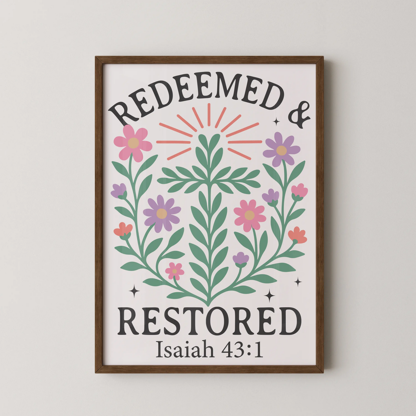 A modern floral arrangement wall art with pastel hues and sunlight rays.