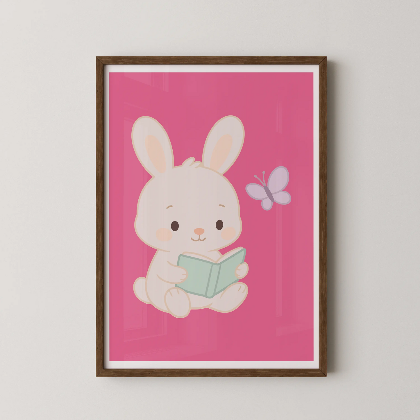 A kawaii flat-vector illustration of a cute bunny reading a book, in a modern style.