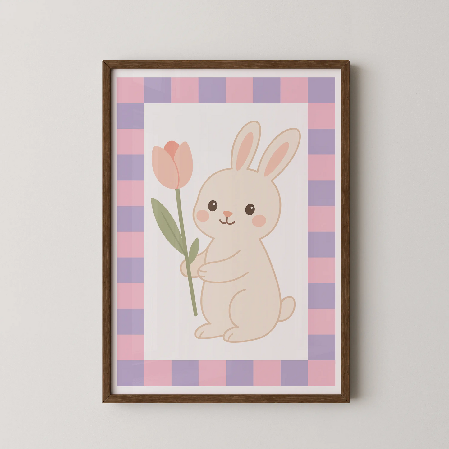 A flat-design kawaii illustration of a cream-colored bunny hugging a peach-pink tulip, in a modern art style.
