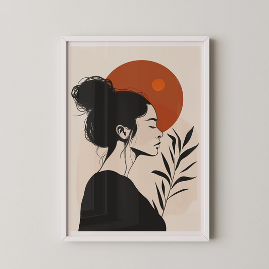 A modern minimalist line art poster featuring a woman holding leaves with a serene sun-like orb in the background.