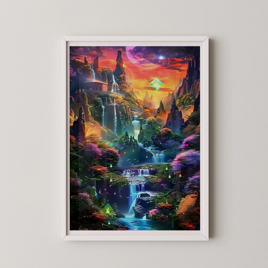 A modern surrealist fantasy digital art print depicting a cosmic landscape with a floating crystal and waterfalls.