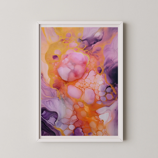 An abstract swirling artwork in lavender, peach, and gold, representing cosmic harmony in a modern style.
