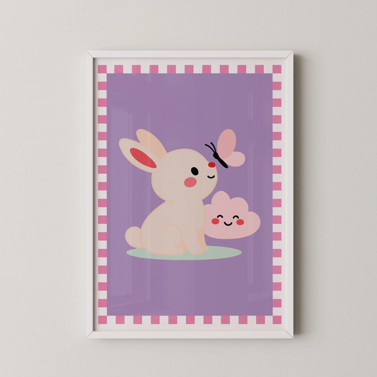 A flat vector illustration in the kawaii style of a cream-colored bunny with a red nose sitting on a mint green oval next to a smiling pink cloud.