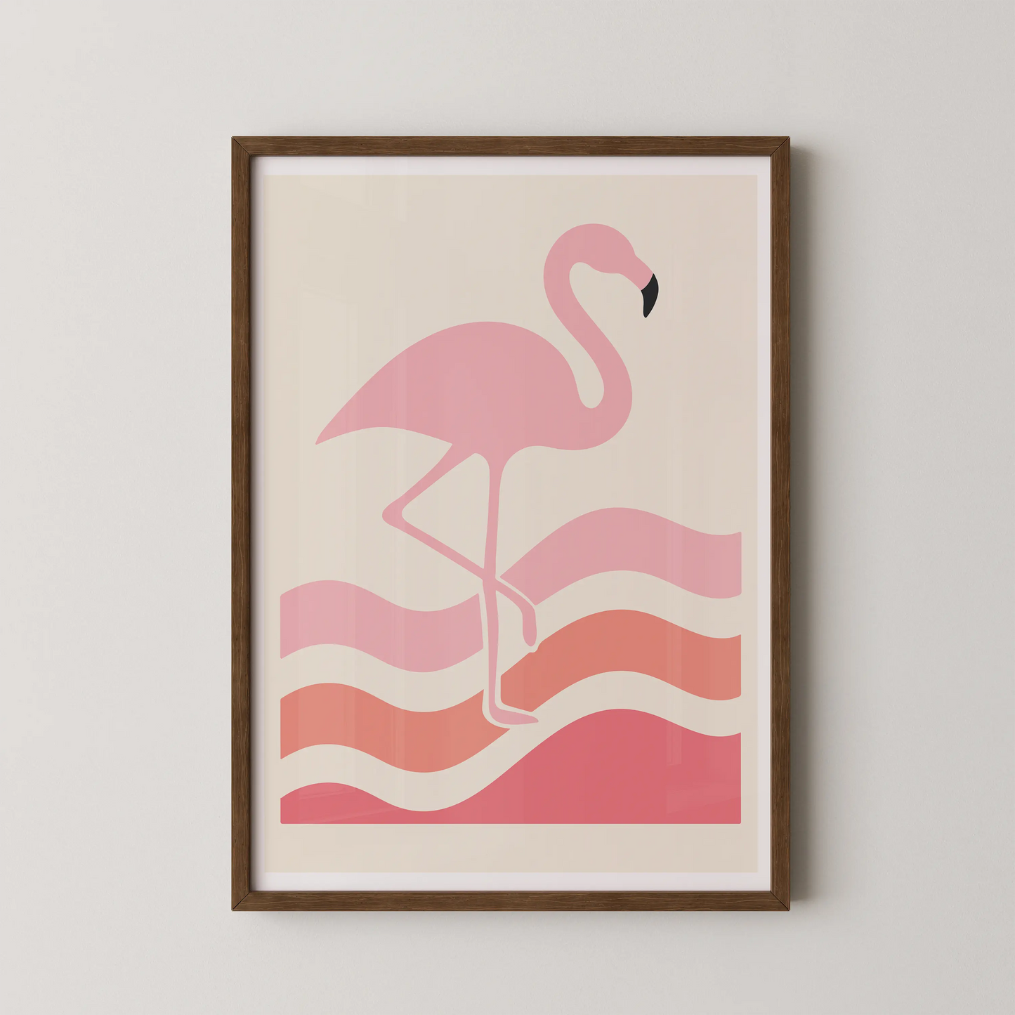 A minimalist line art poster of a flamingo against gentle waves, in a coastal serenity design.