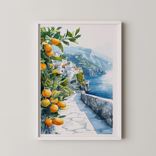 A watercolor painting of a Mediterranean village pathway leading to the sea, in a modern style.