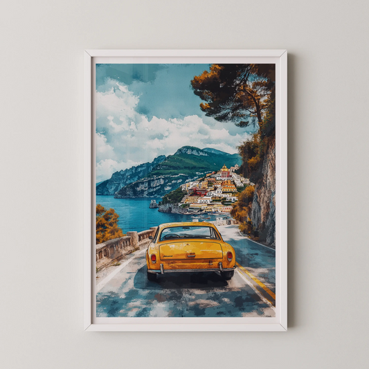 A vintage style digital art poster showing a yellow vintage car driving on a coastal road.