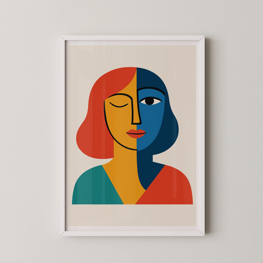 A modern abstract wall art poster of a stylized visage in modern style, featuring vibrant dual-tone colors.
