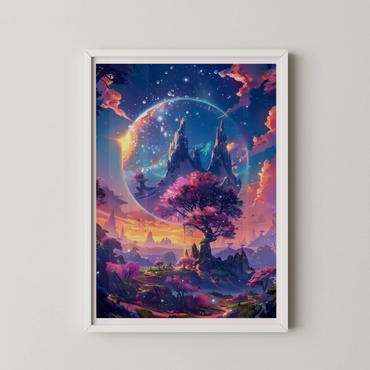 An abstract digital painting of a celestial garden with jagged mountains and a luminous halo, rendered in a fantasy art style.