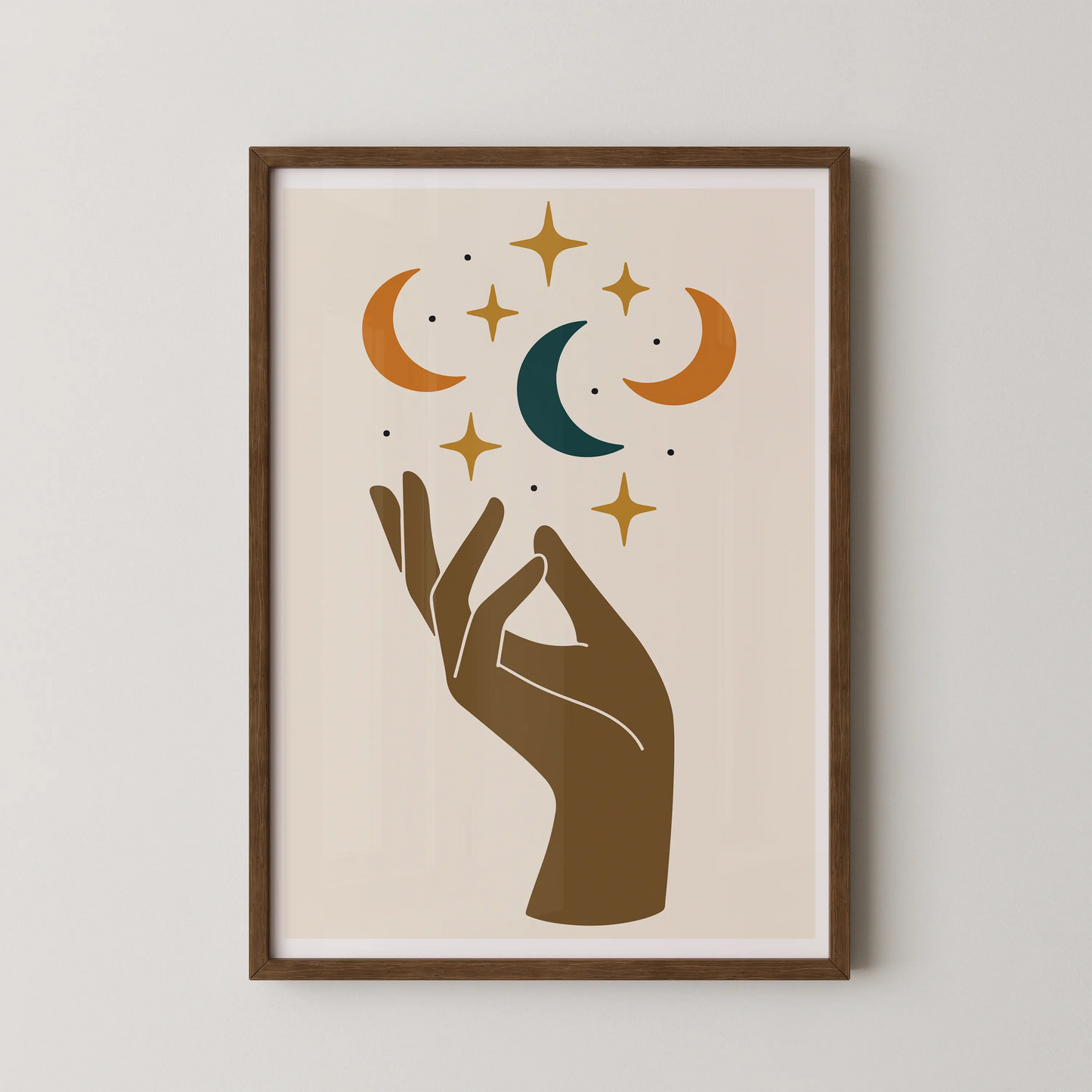 A minimalist celestial hand artwork with stars and moons in teal, terracotta, and gold.