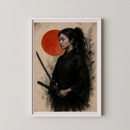 A modern illustrative wall art poster showing a samurai woman holding katanas with a red circle background.