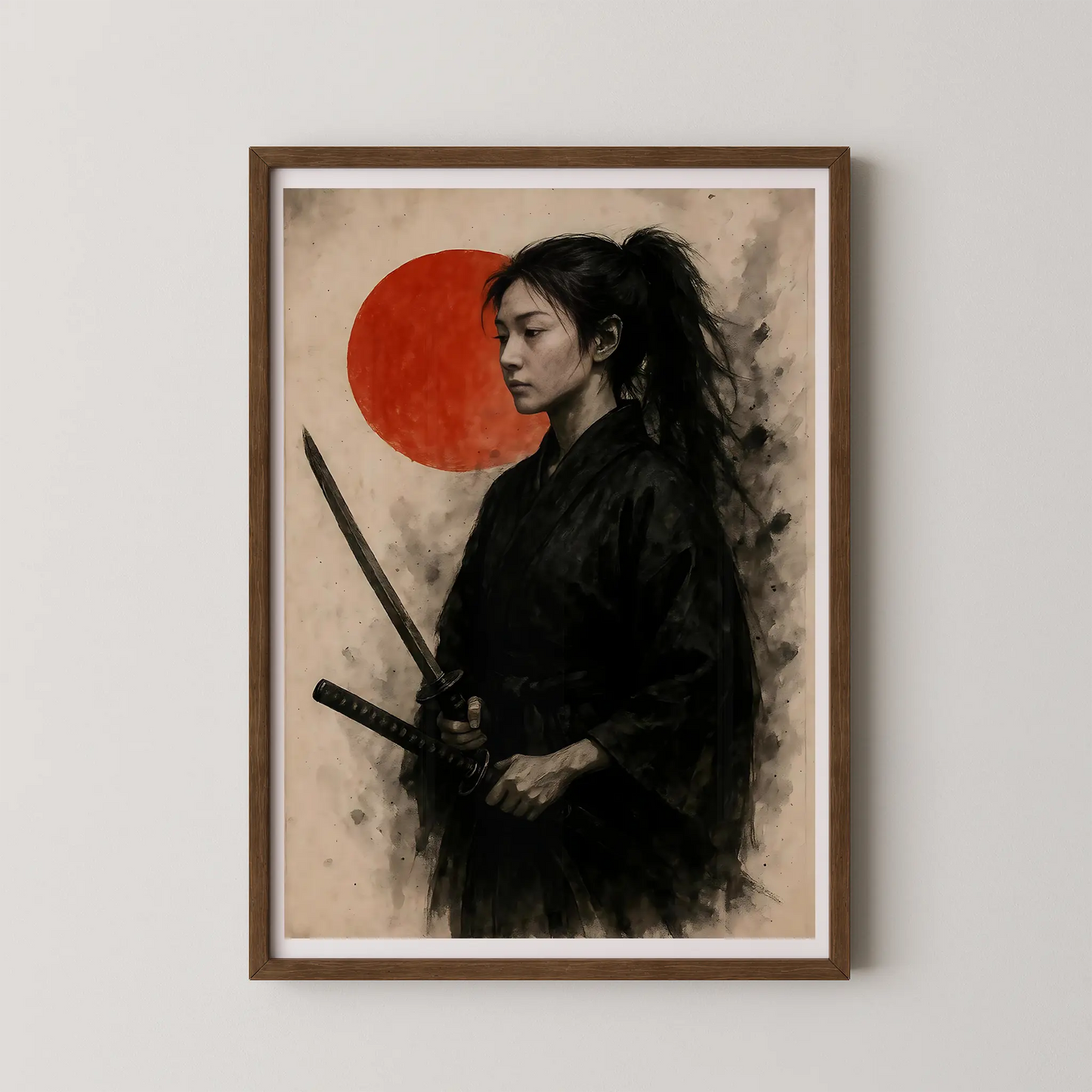 A modern illustrative wall art poster showing a samurai woman holding katanas with a red circle background.