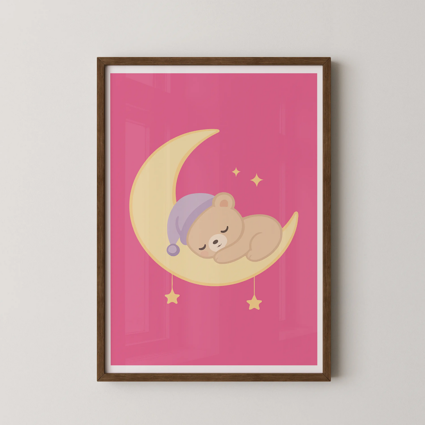 A modern kawaii vector illustration of a teddy bear sleeping on a crescent moon, perfect for a kids room.