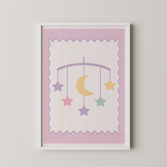 A minimalist vector art piece featuring a pastel star and moon mobile.