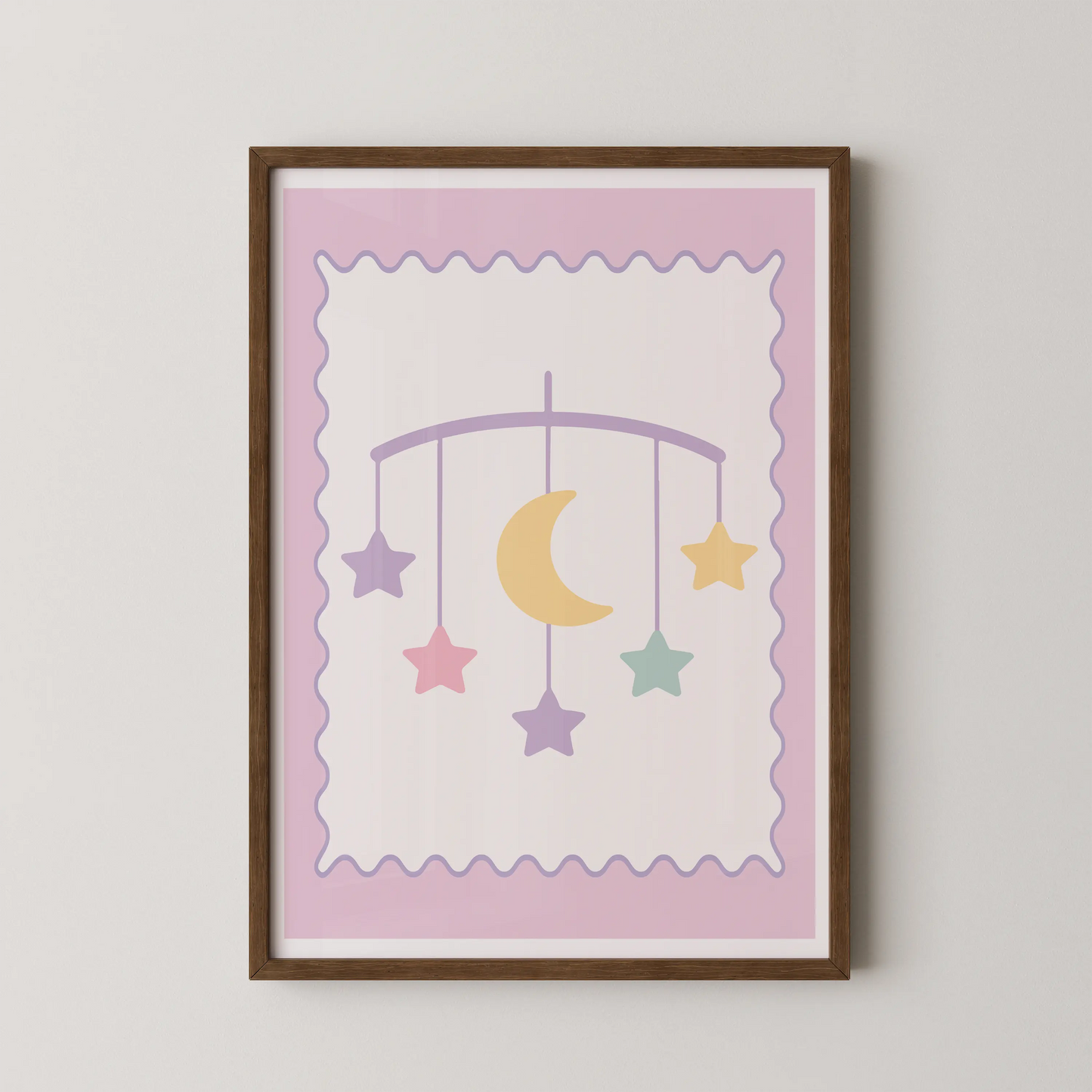 A minimalist vector art piece featuring a pastel star and moon mobile.