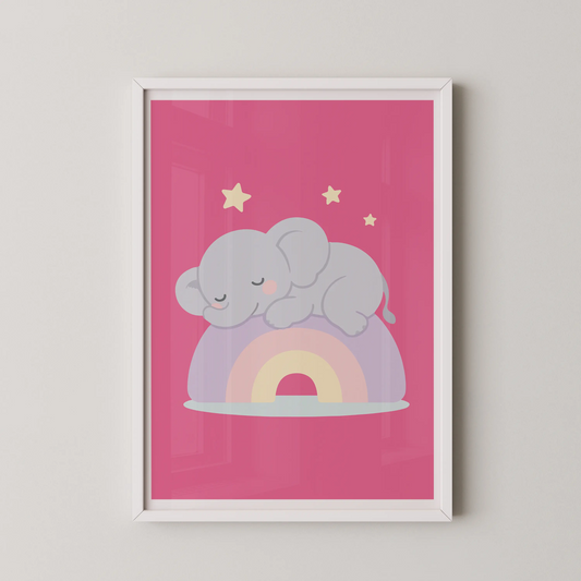 A minimalist illustration of a baby elephant sleeping on a pastel rainbow.