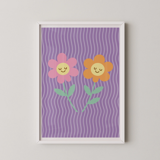 A flat-design illustration featuring two smiling flowers in a pop art style.