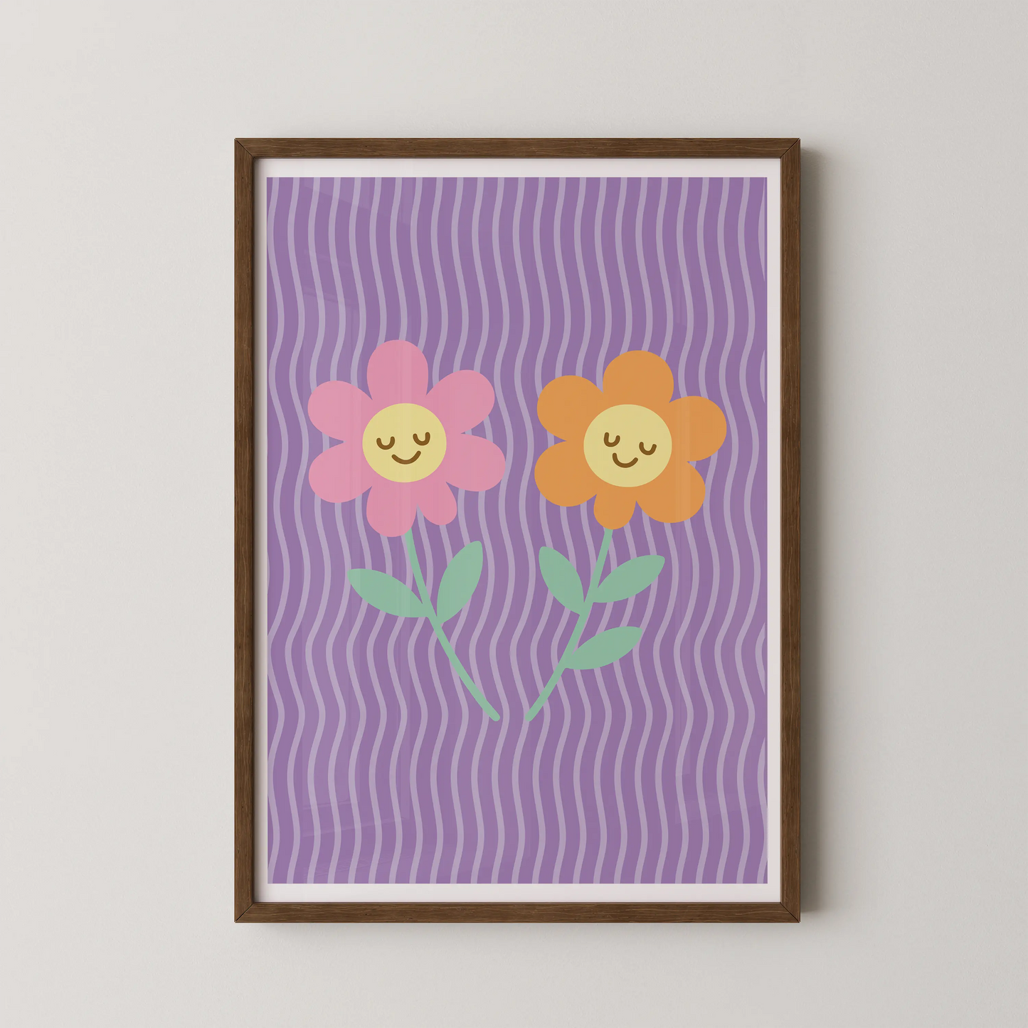 A flat-design illustration featuring two smiling flowers in a pop art style.