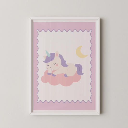A modern illustration of a unicorn sleeping on a cloud, with pastel colors and kawaii-inspired style.