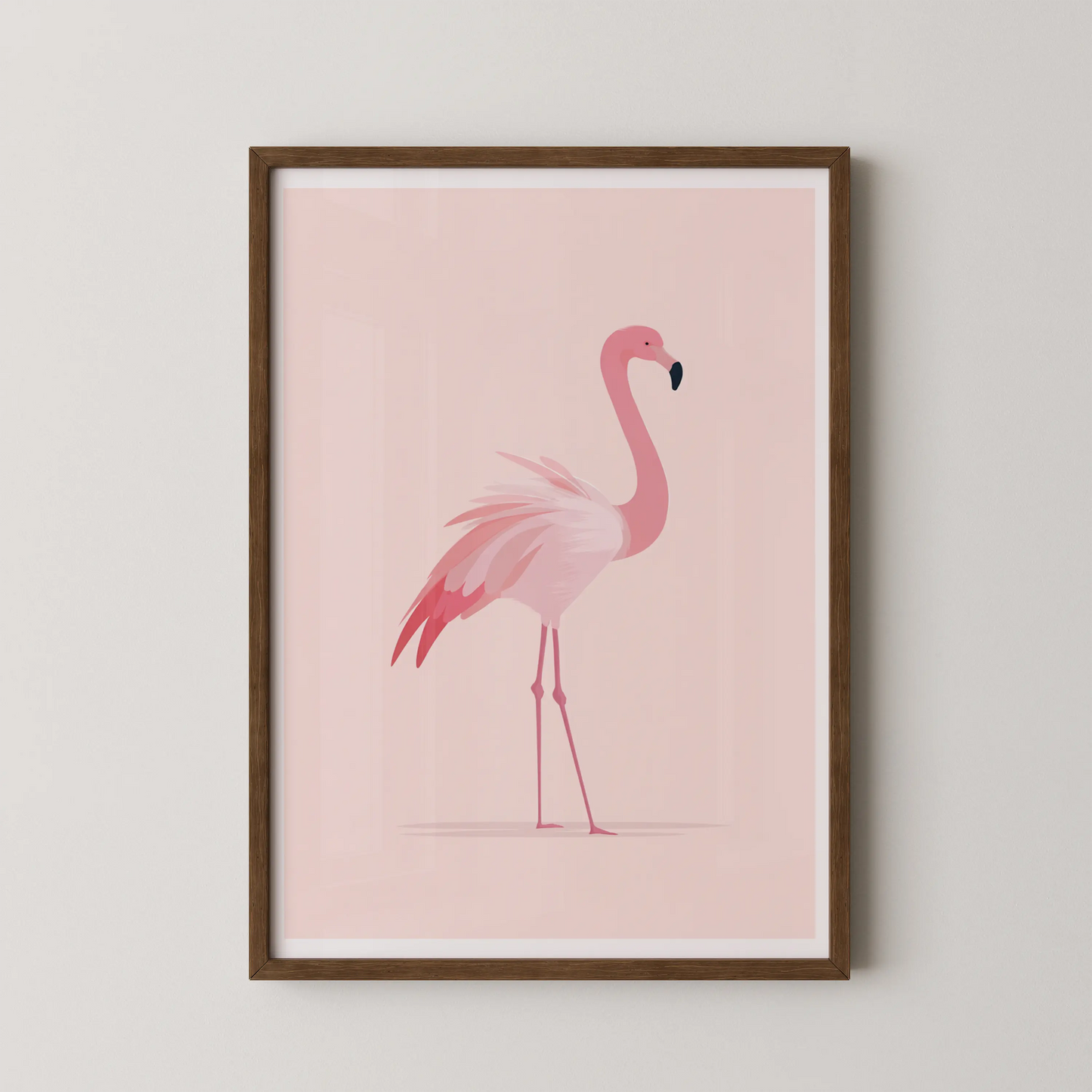 A minimalist illustration of a flamingo standing poised against a soft blush backdrop, in a contemporary style.