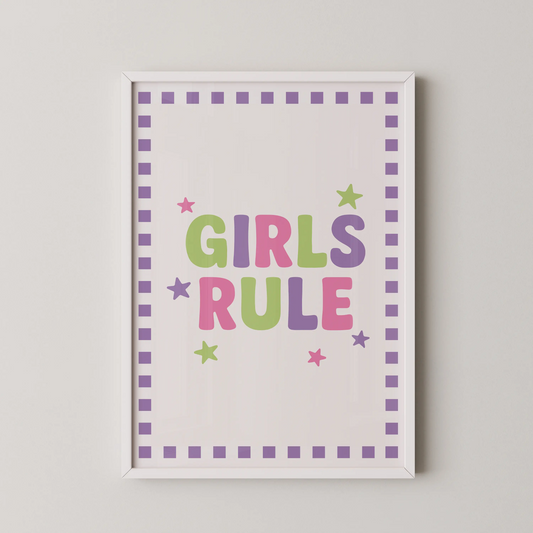 A modern graphic poster with pastel typography featuring the text 'GIRLS RULE'.