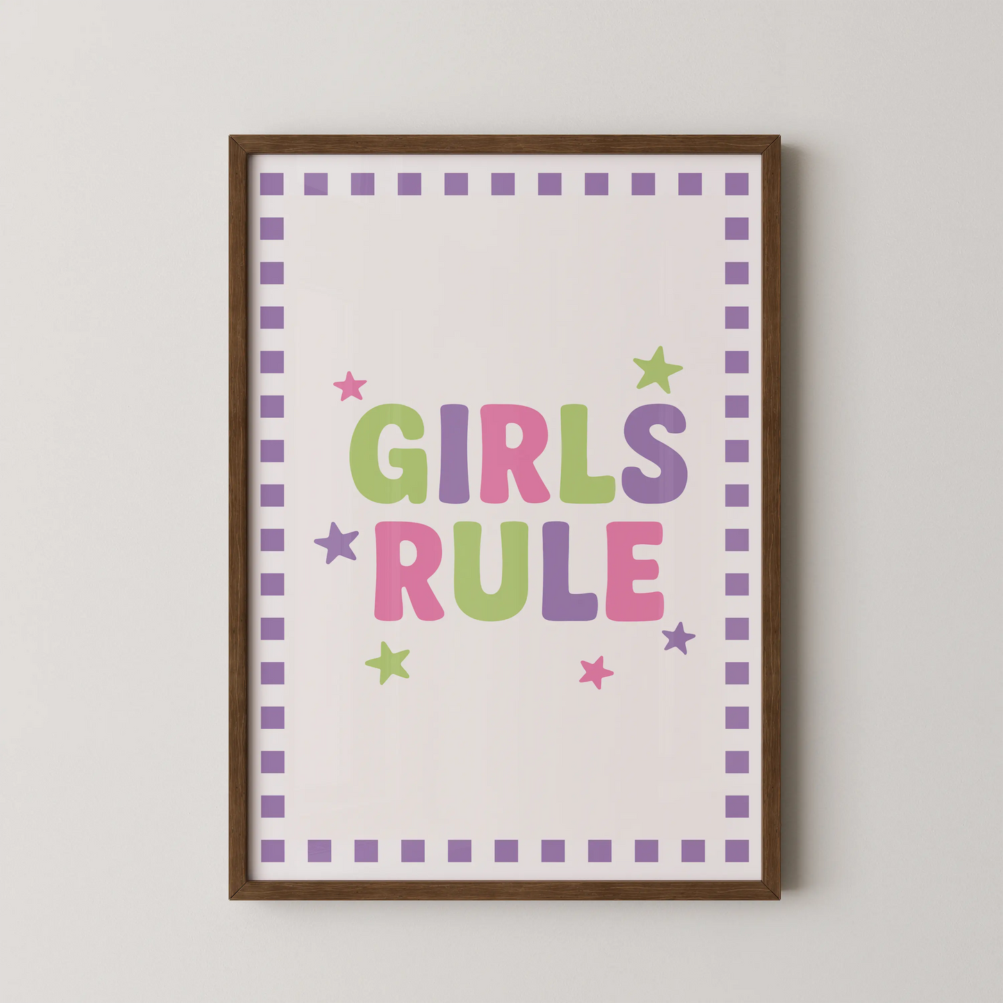 A modern graphic poster with pastel typography featuring the text 'GIRLS RULE'.