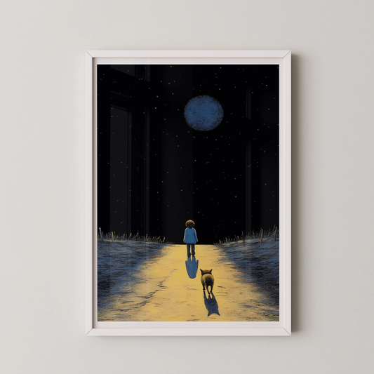 A modern illustration of a child walking hand-in-paw with a dog under a night sky.