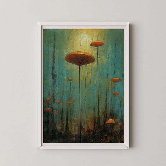 An abstract vertical wall art piece featuring vivid orange mushrooms ascending from a textured dark landscape against an aqua-green backdrop.