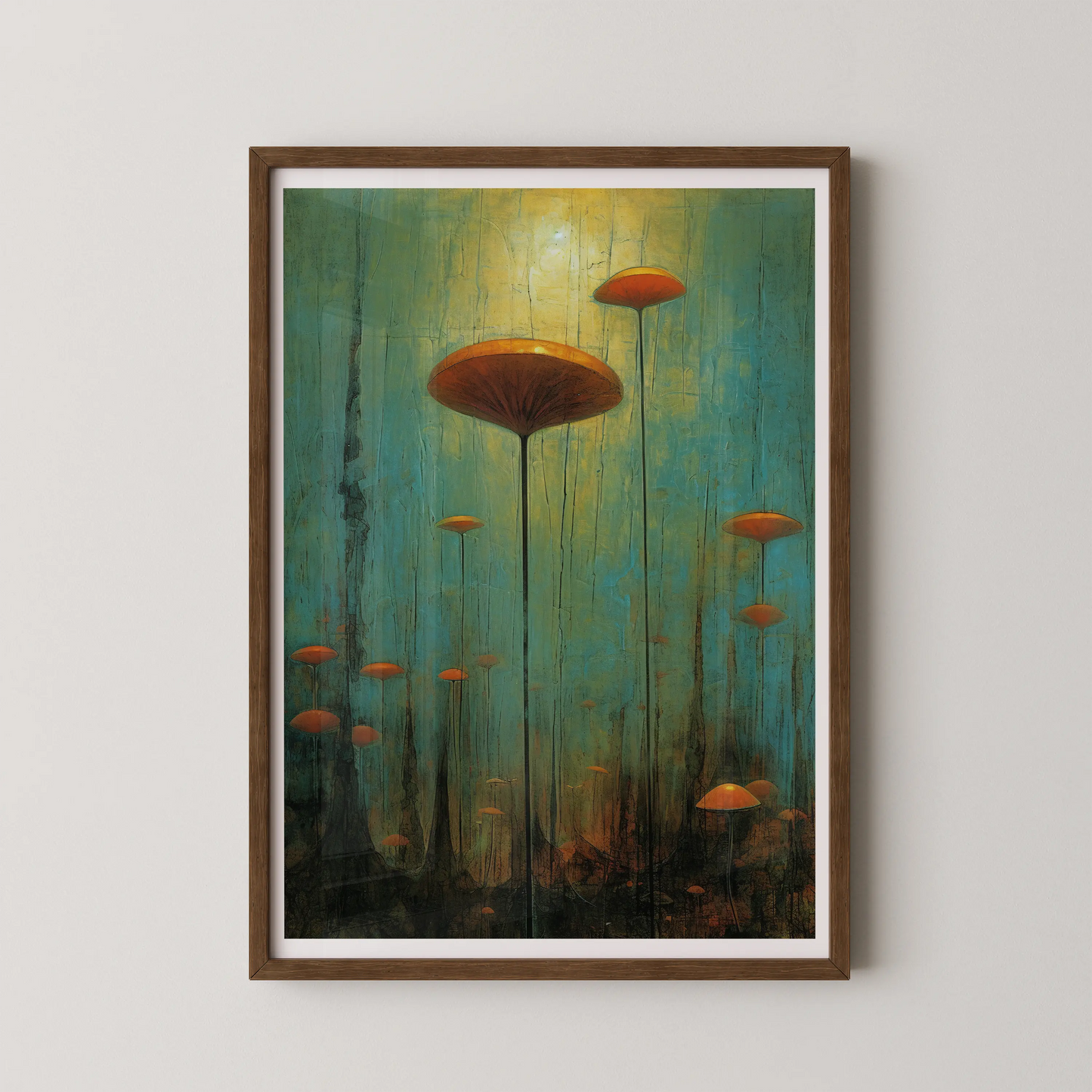 An abstract vertical wall art piece featuring vivid orange mushrooms ascending from a textured dark landscape against an aqua-green backdrop.