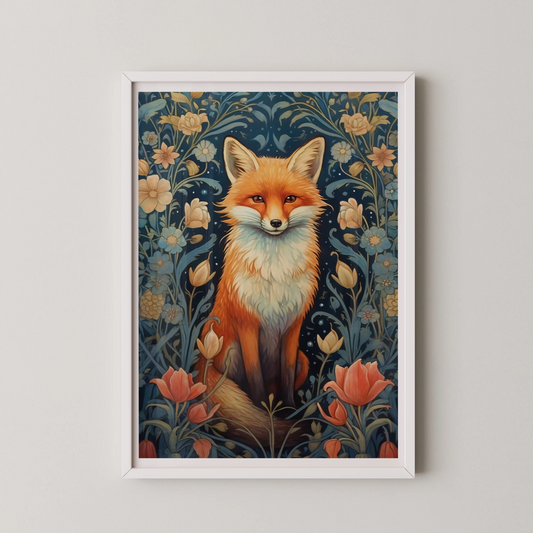A modern illustrative wall art poster of a whimsical fox in a lush floral setting.