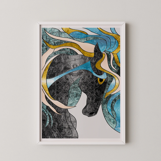 A modern abstract wall art poster featuring a horse profile in shades of blue, black, and gold.