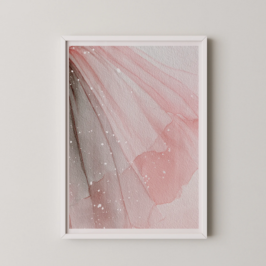 A modern abstract art piece featuring flowing fabric in delicate blush pink and soft coral hues.