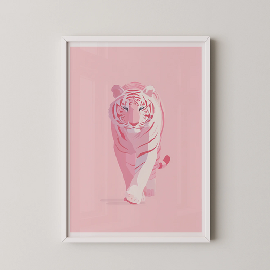 A modern style wall art poster of a white tiger stepping forward.