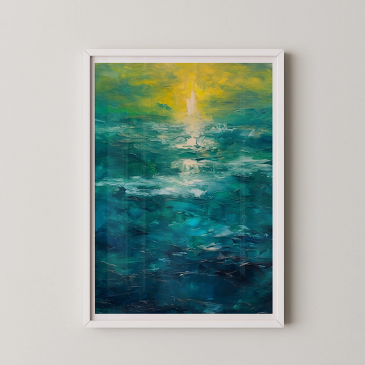 An abstract art print of ethereal ocean waves in shades of emerald and turquoise, evoking serenity and tranquility.