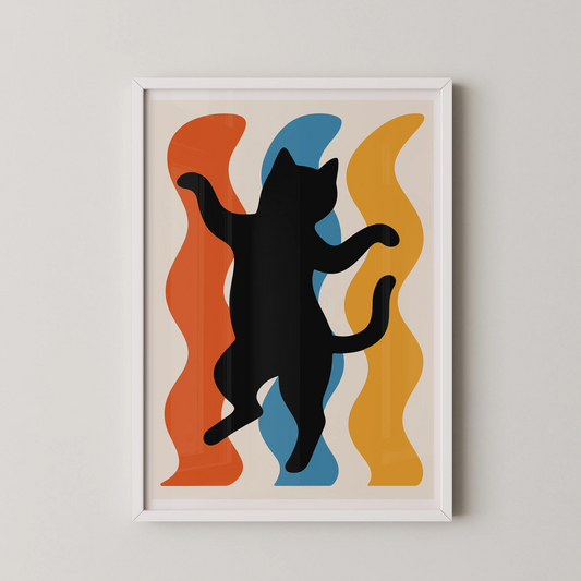 A modern abstract wall art poster featuring a dancing feline silhouette.