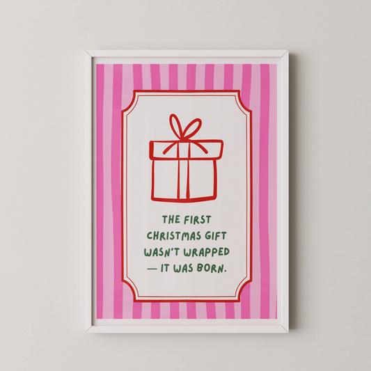 A modern stylized gift box wall art featuring a red line-art present on a white panel with pink stripes and a decorative red border.