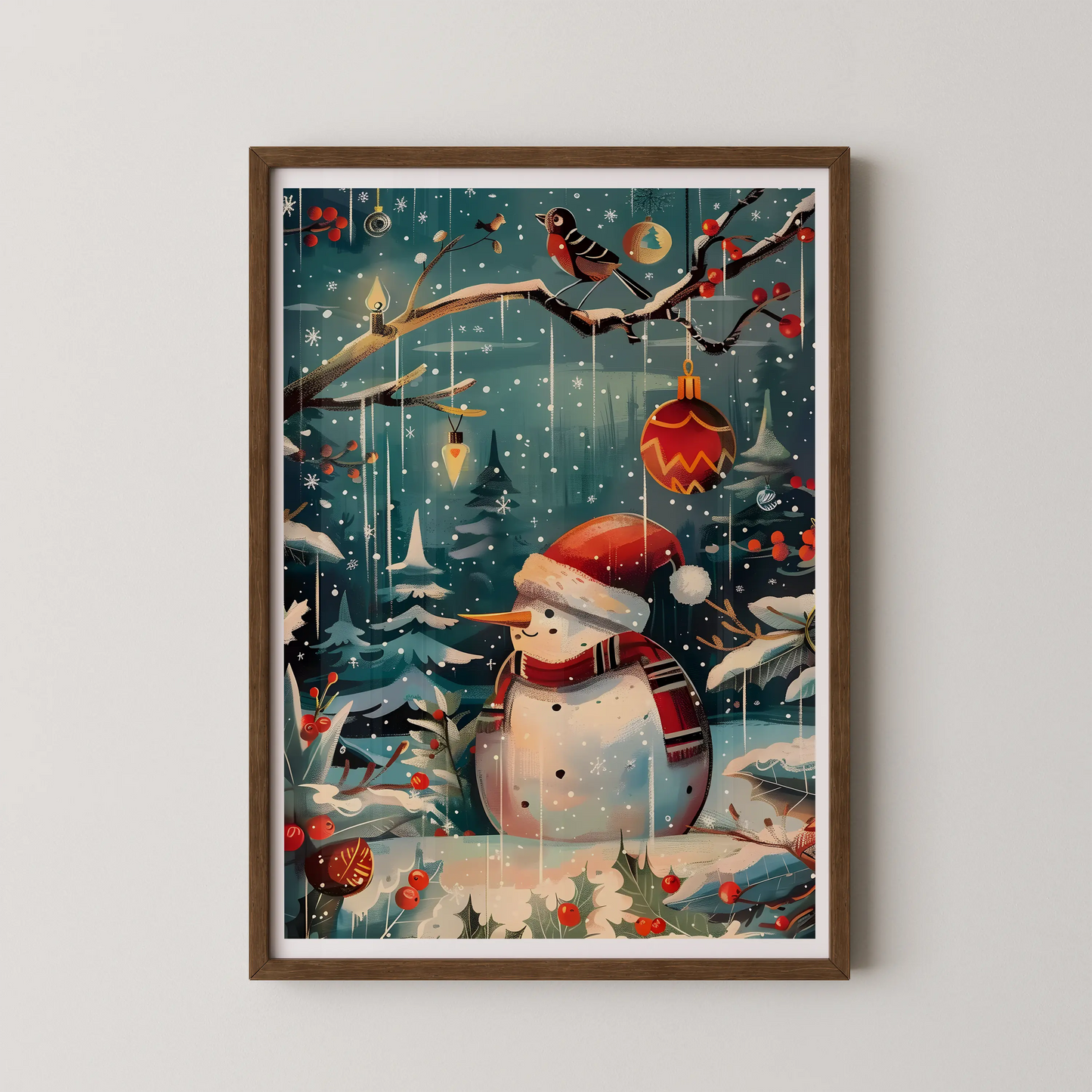 A whimsical modern illustration of a snowman wearing a Santa hat in a festive forest, perfect for a cozy home.