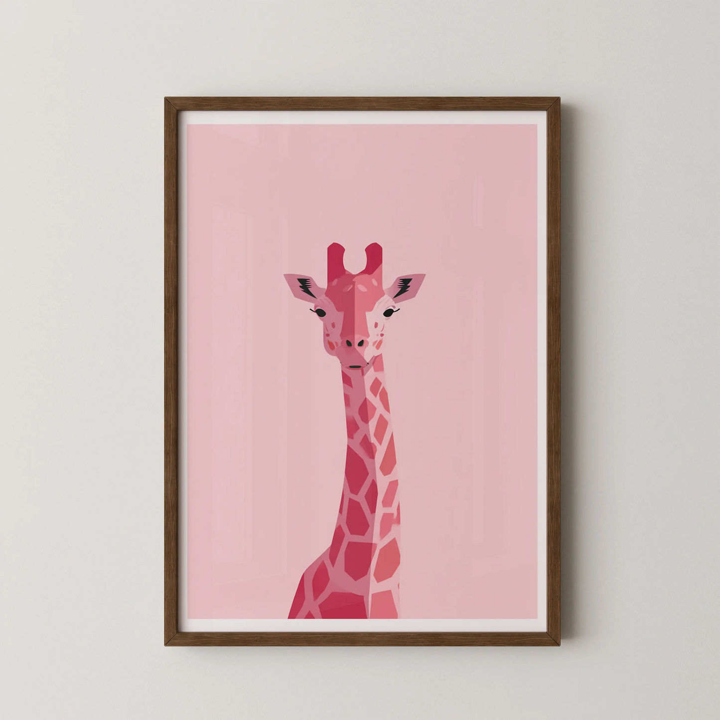 A modern minimalist wall art poster of a giraffe in gentle pastel hues.