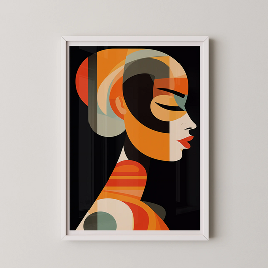 A modern abstract wall art poster featuring a female silhouette composed of geometric shapes and vibrant colors.
