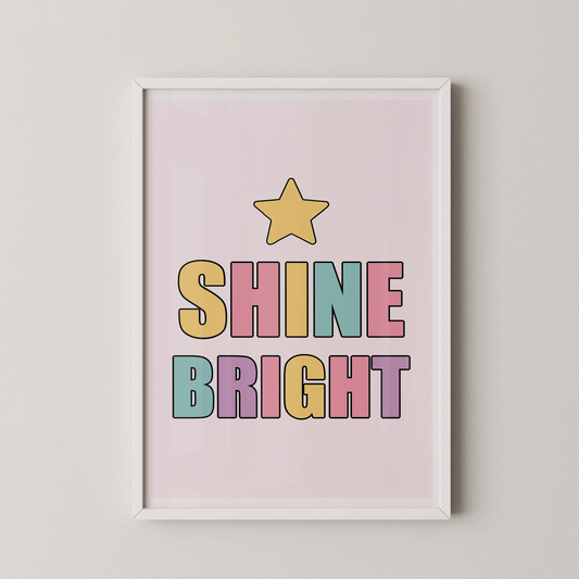 A flat-vector typography poster with clean black outlines featuring the words SHINE BRIGHT stacked beneath a five-point star, in a Pop Art style.