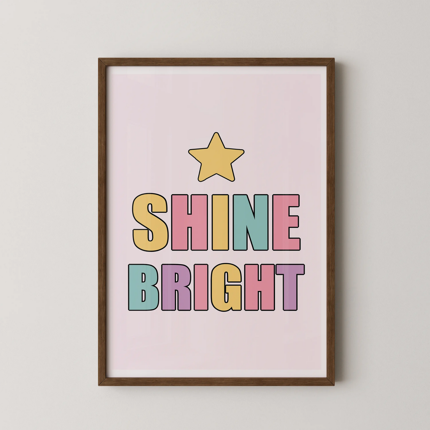 A flat-vector typography poster with clean black outlines featuring the words SHINE BRIGHT stacked beneath a five-point star, in a Pop Art style.