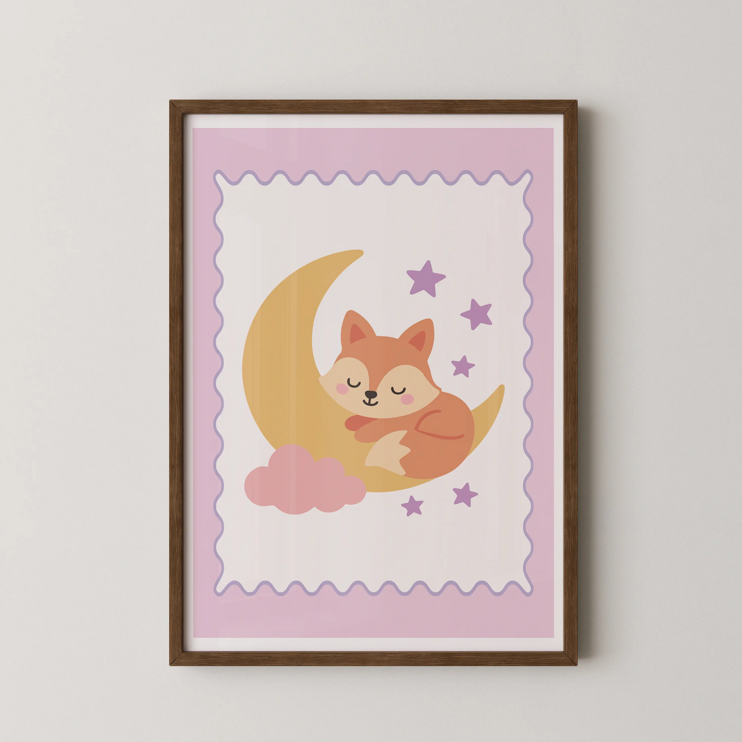 A minimalist illustration of a sleeping fox hugging a golden moon, surrounded by lavender stars.