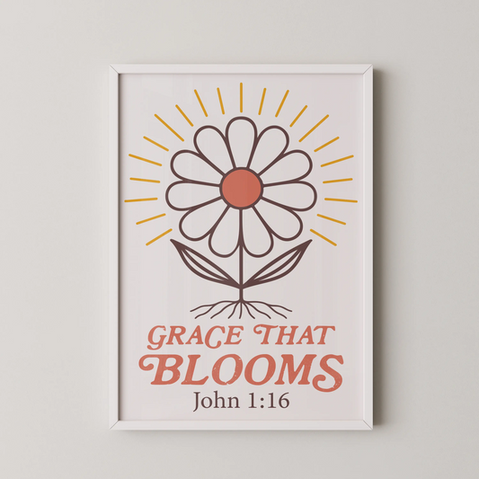 A modern stylized flower artwork with bold lines and uplifting text "Grace That Blooms".