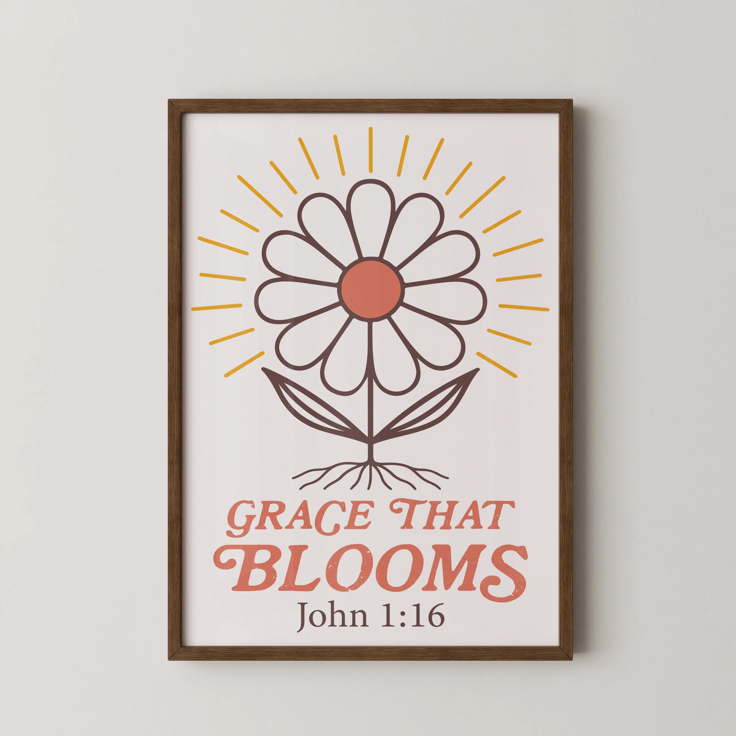 A modern stylized flower artwork with bold lines and uplifting text "Grace That Blooms".
