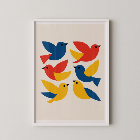 A modern minimalist art print featuring stylized birds in a playful composition.